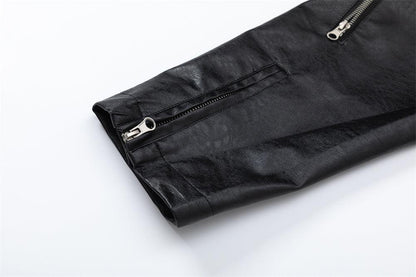 European And American Style Stitching PU Leather Sleeve Denim Jacket For Women null