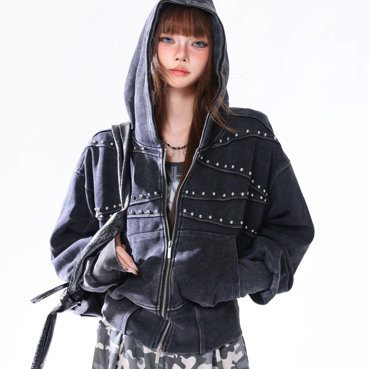 Vintage Distressed Waist-cinched Hooded Sweatshirt Versatile Womens Jacket All Products