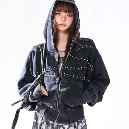 Vintage Distressed Waist-cinched Hooded Sweatshirt Versatile Womens Jacket All Products