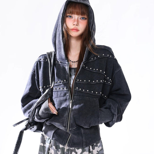 Vintage Distressed Waist-cinched Hooded Sweatshirt Versatile Womens Jacket All Products