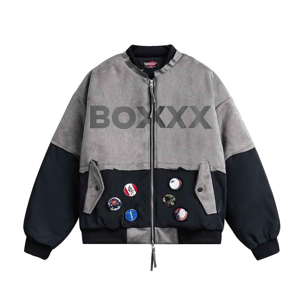 Badge Decoration Double-headed Zipper Baseball Jacket For Men And Women Dark Blue Matching Gray MuddyStock
