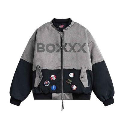 Badge Decoration Double-headed Zipper Baseball Jacket For Men And Women Dark Blue Matching Gray MuddyStock