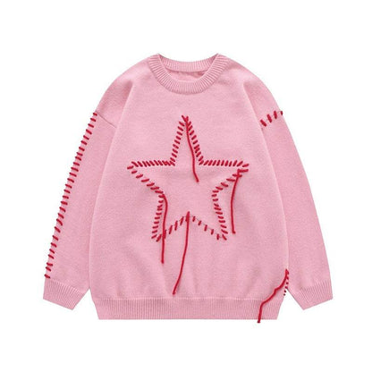 Autumn New Star Design Knitted Women's Round Neck Sweater Pink MuddyStock