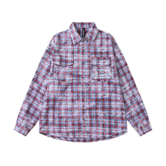 Distressed Washed Plaid Long-sleeved Shirt For Men And Women null