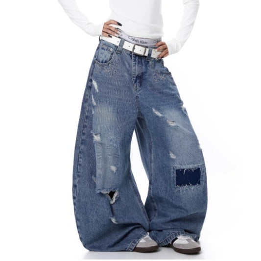 Women's Distressed Patch Washed Curved Blade Jeans Blue S