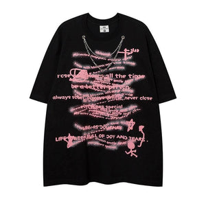 Letter Necklace Short Sleeve T-shirt For Men And Women Black