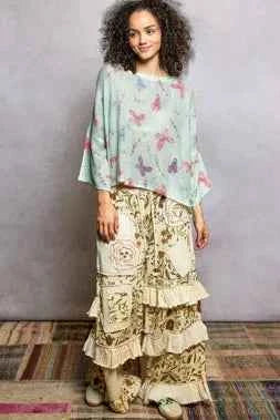 Butterflies Pattern Round Neck knit Top with Outseam Rolling Edge For Women Trendsi