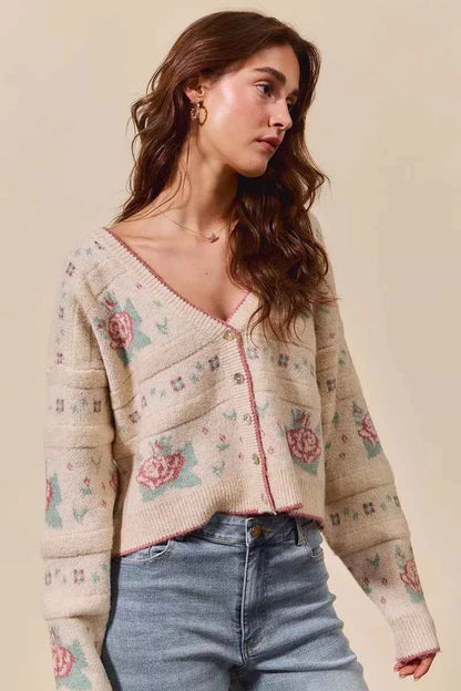 Floral Pattern Long Sleeve Button Sweater Cardigan For Women Trendsi