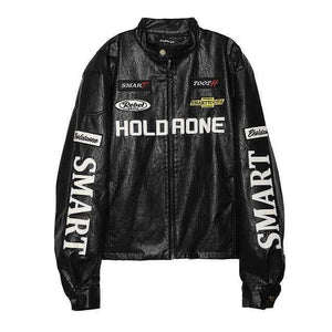 Women's Loose Letter Racing Motorcycle Jacket Black