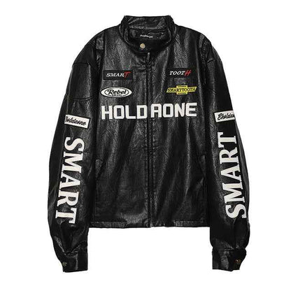 Women's Loose Letter Racing Motorcycle Jacket Black MuddyStock