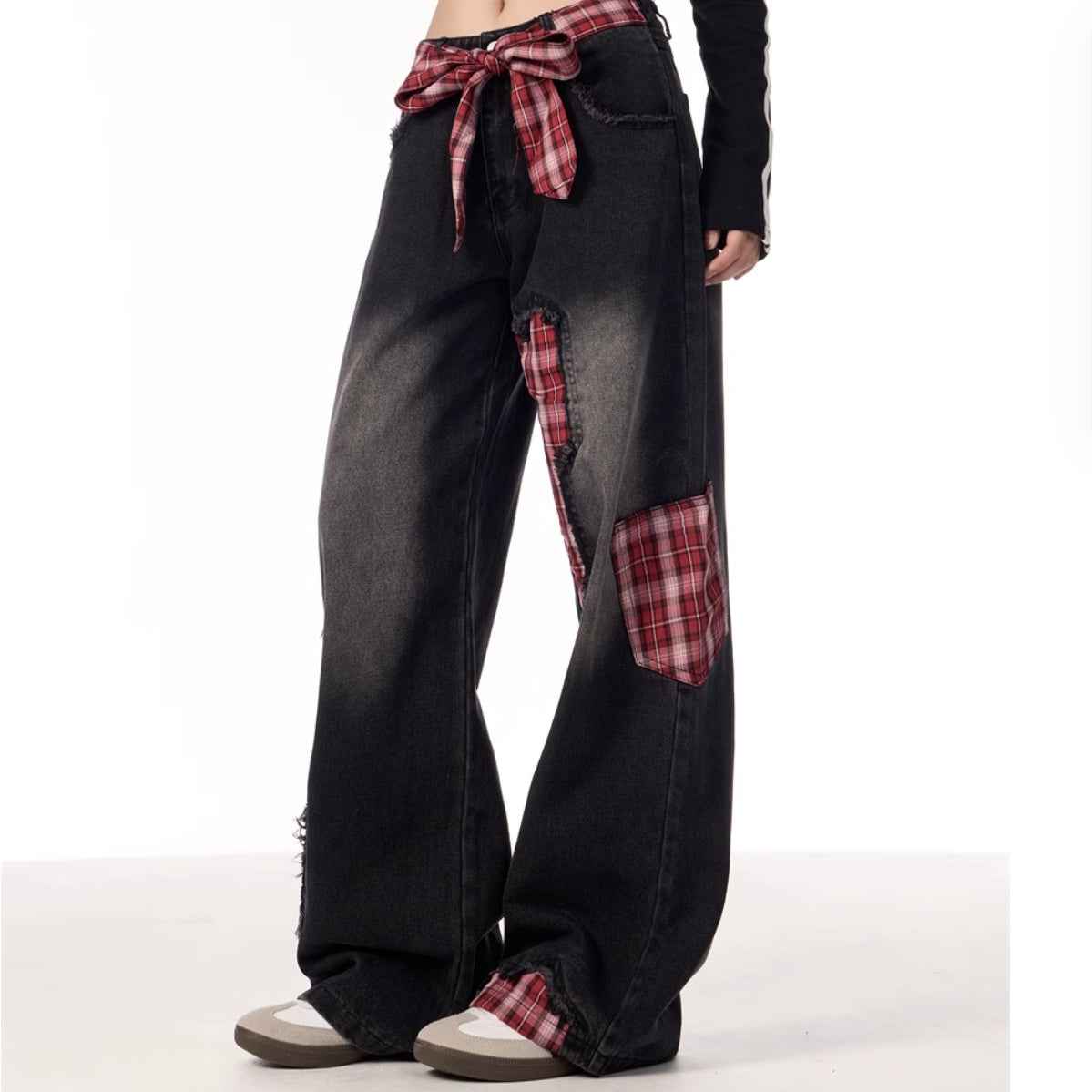 Bowknot Loose Sweet Cool Plaid Stitching Jeans Women's Straight Wide Leg Pants MuddyStock