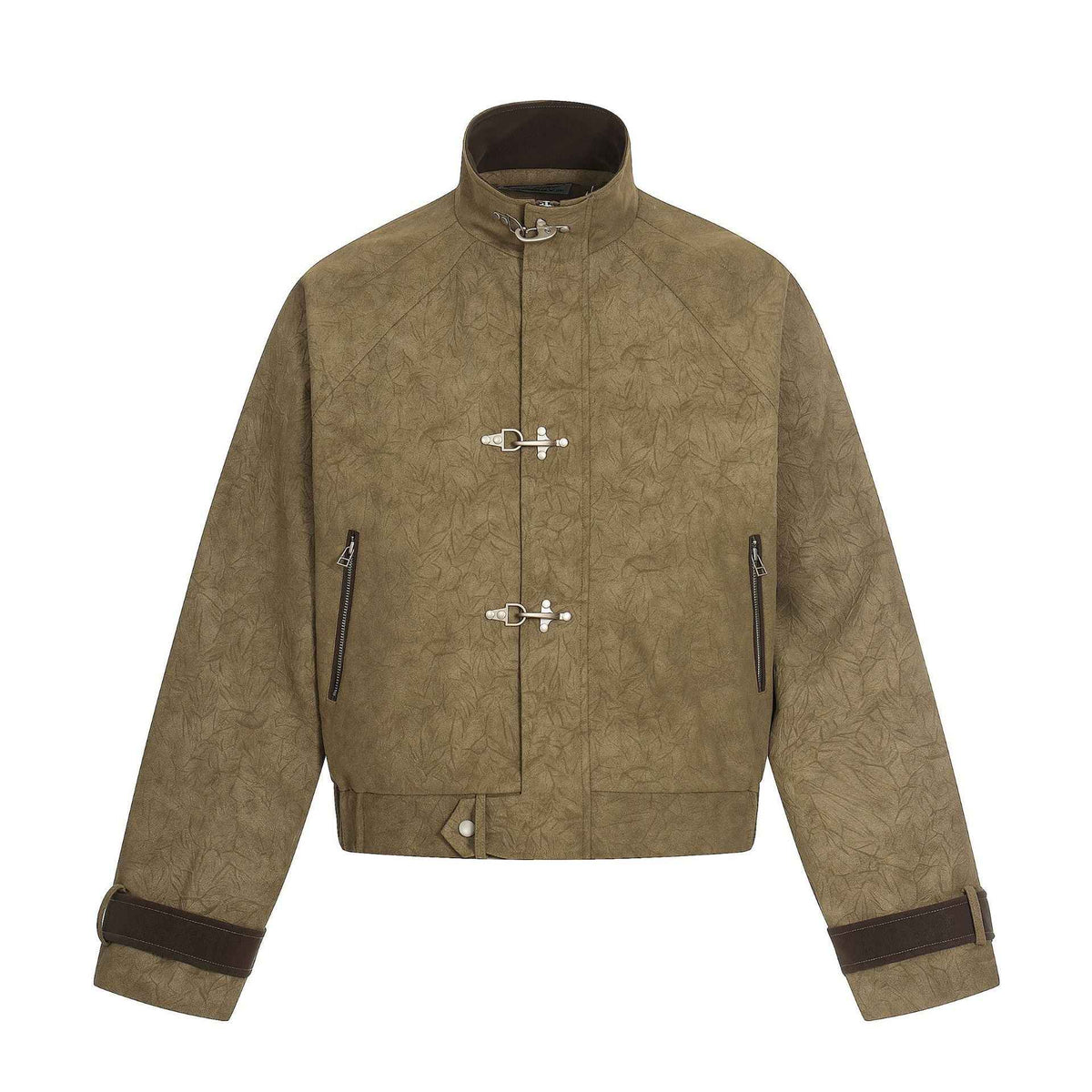 Retro Airplane-buckle Stand-up Collar Short Casual Jacket For Men Olive Green