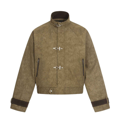 Retro Airplane-buckle Stand-up Collar Short Casual Jacket For Men Olive Green