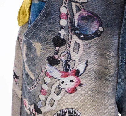 American Retro Cartoon Chain Printed Jeans For Women MuddyStock