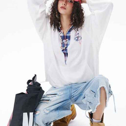 Japanese-style Retro Fake Two-piece Plaid Stitching Contrast Color Hoodie For Women MuddyStock