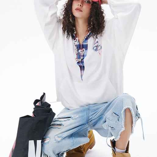 Japanese-style Retro Fake Two-piece Plaid Stitching Contrast Color Hoodie For Women MuddyStock