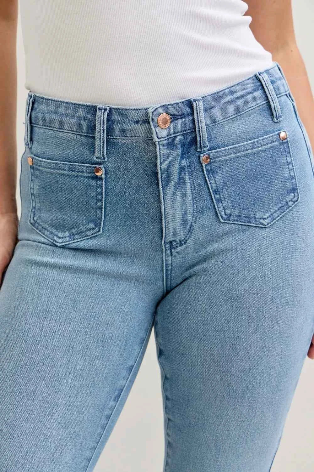 Judy Blue Full Size Mid Rise Bootcut Jeans with Contrast Wash & Front Patch Pockets For Women Trendsi