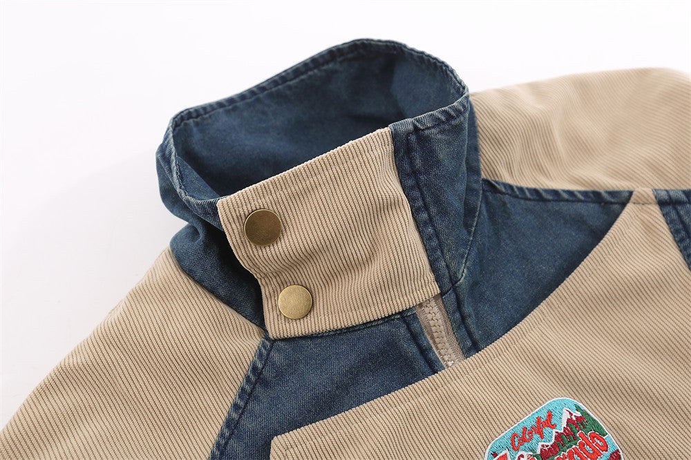 Contrast Color Spray Paint Wash Denim Stand-up Collar Cotton-padded Jacket For Men