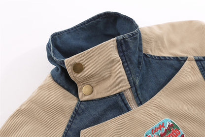 Contrast Color Spray Paint Wash Denim Stand-up Collar Cotton-padded Jacket For Men