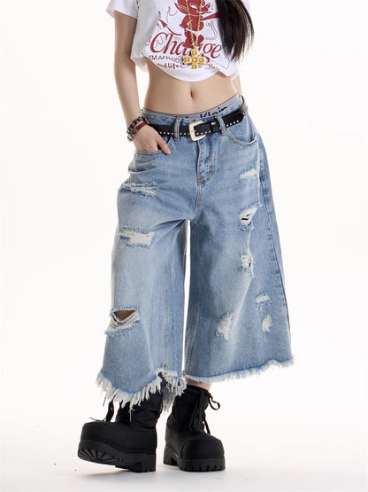 American Retro Ripped Design Cropped Pants For Women