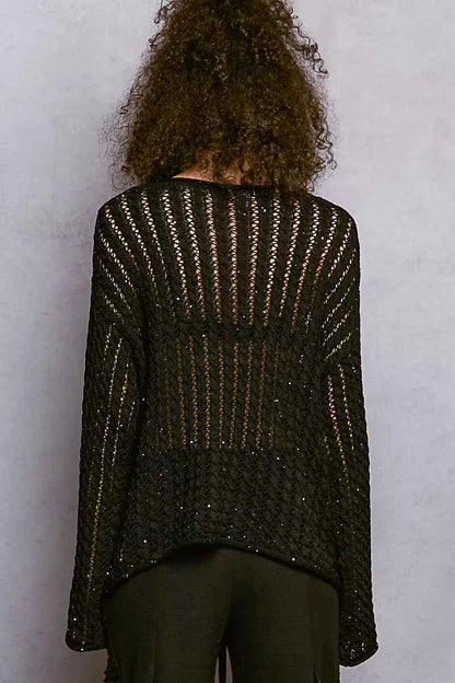 Openwork Round Neck Knit Top with Shiny Detail For Women Trendsi