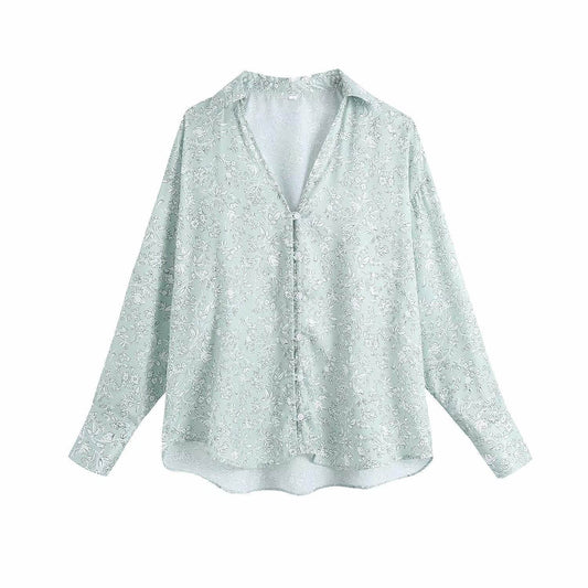 European And American Women'S Clothing Wholesale Summer New Style Silk Satin Texture Single-Breasted Printing Loose Long-Sleeved Shirt Women MuddyStock