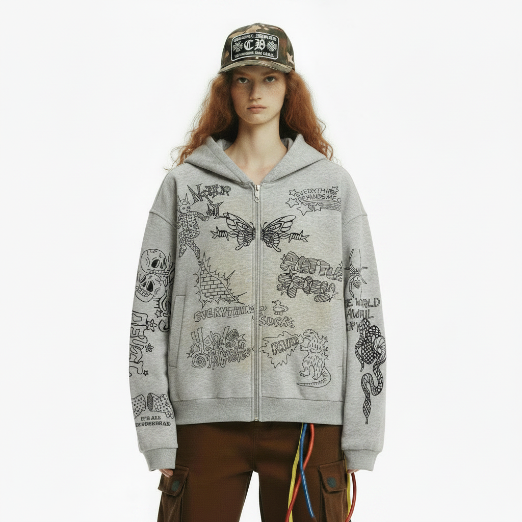 Everything Sucks Rattle Snake Grey Doodle Art Zip-Up Hoodie New Pose 1:1