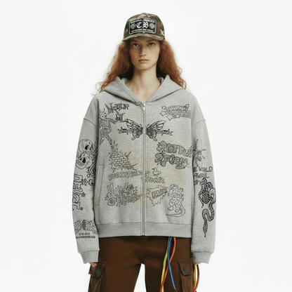 Everything Sucks Rattle Snake Grey Doodle Art Zip-Up Hoodie New Pose 1:1