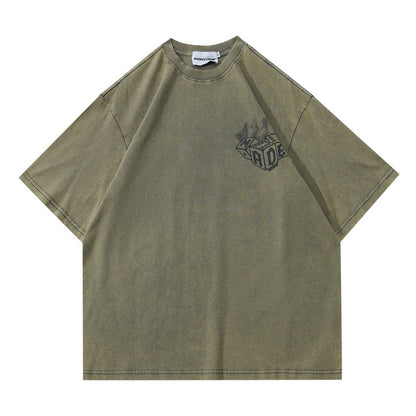 Street Retro Women's Flame Dice Printed Short Sleeve Brown MuddyStock