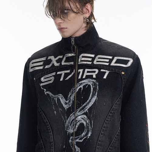 Hand-painted Snake Pattern Denim Coat For Men Black null