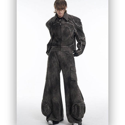 Short Gray Padded Shoulder Denim Coat For Men MuddyStock