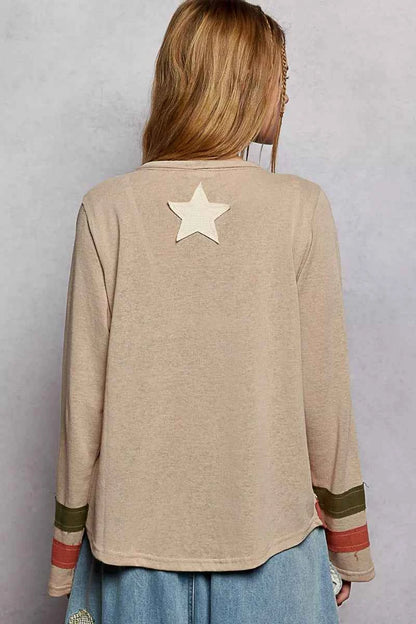 Double Gauze American Flag Patch V-Neck Long Sleeve T-Shirt For Women Trendsi
