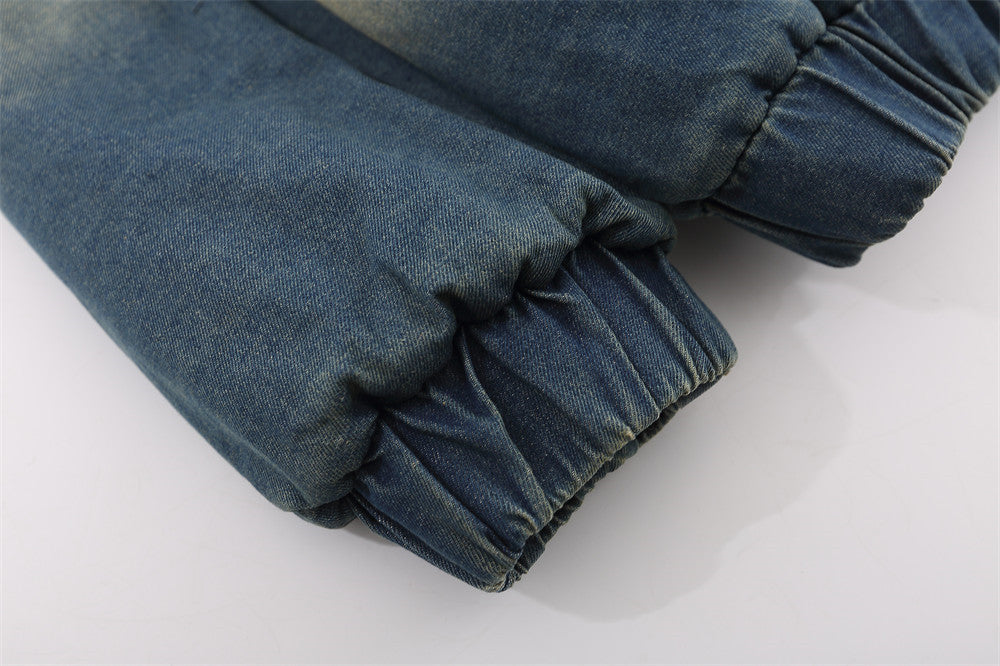 Contrast Color Spray Paint Wash Denim Stand-up Collar Cotton-padded Jacket For Men