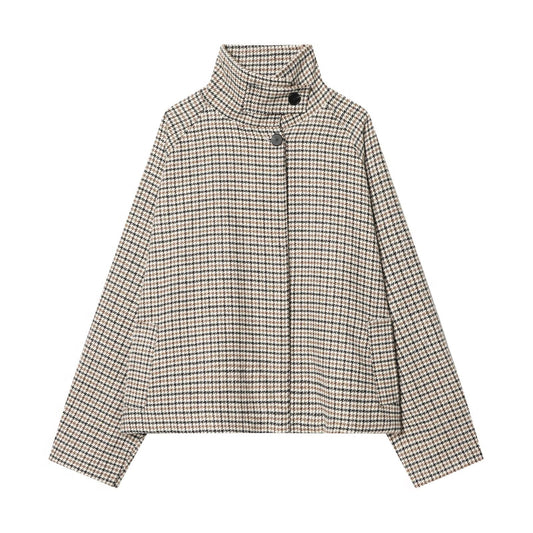 Fashionable And Versatile Houndstooth Short Jacket Dark Brown All Products