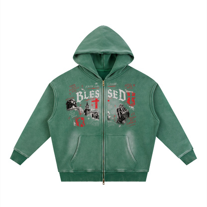 Sunfade Two-way Zipper Boxy Fleece Hoodie For Men | MuddyStock Originals Dark Green