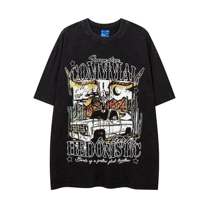 Cartoon Car Print Loose Short Sleeve For Men And Women Black MuddyStock