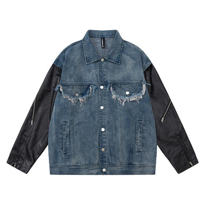 European And American Style Stitching PU Leather Sleeve Denim Jacket For Women null