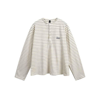 American Retro Women's Striped Long Sleeve Button T-shirt Apricot null