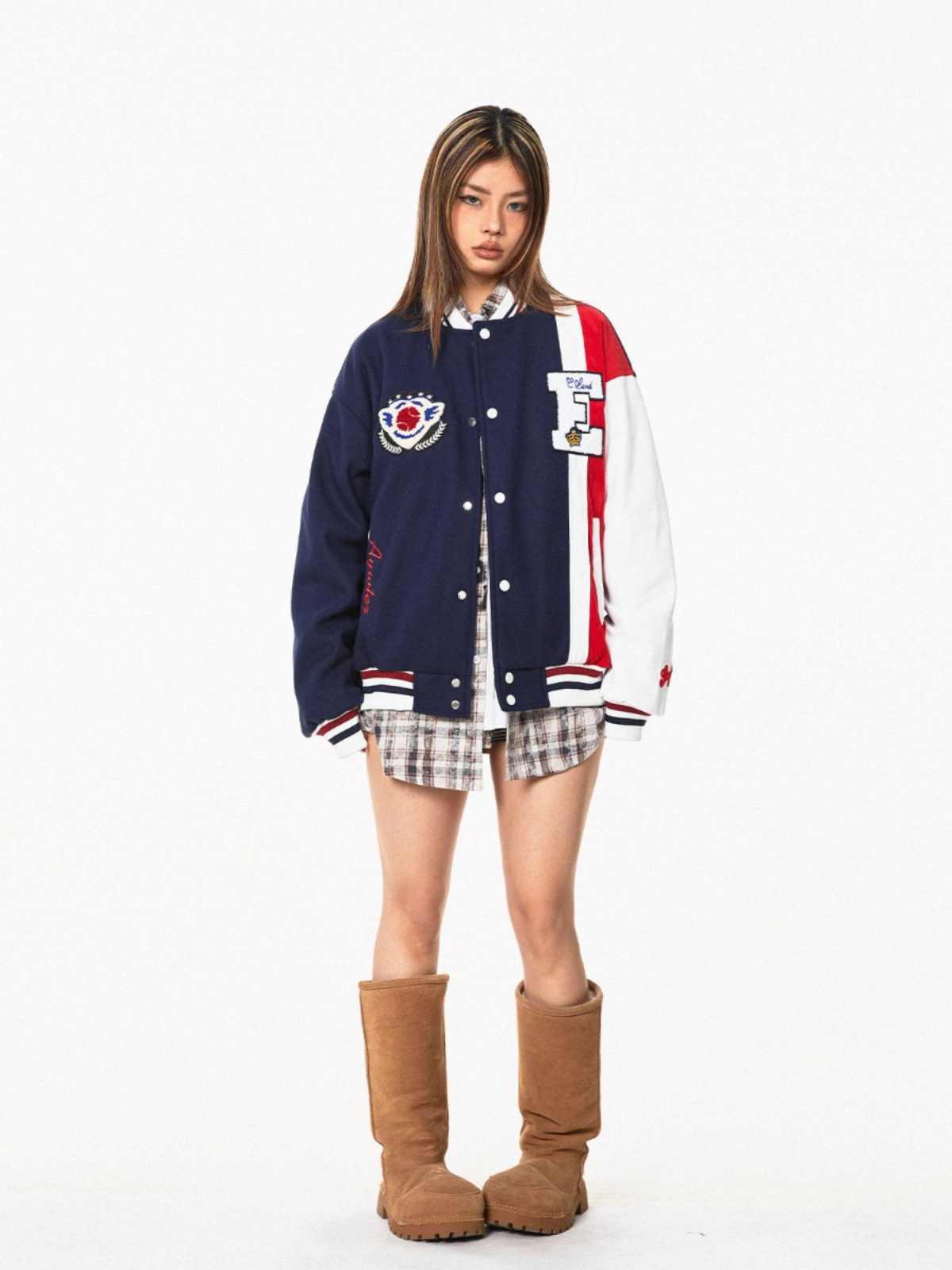 BLACKBBAmerican Color Contrast Patchwork Retro Baseball Uniform Jacket Coat All Products