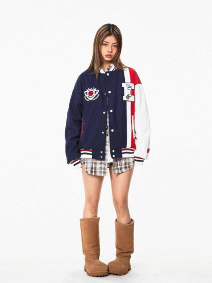 BLACKBBAmerican Color Contrast Patchwork Retro Baseball Uniform Jacket Coat All Products