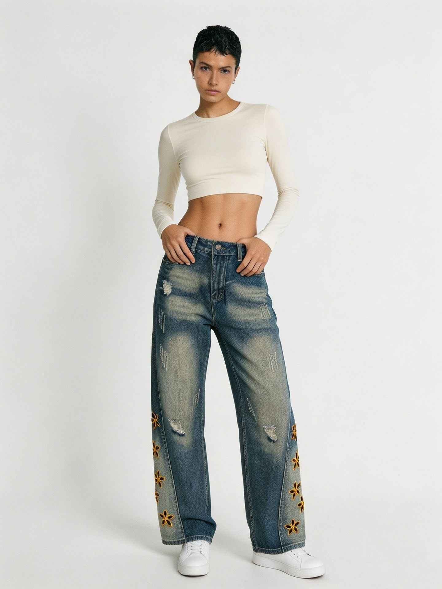 Retro Distressed Womens Denim Jeans Blue