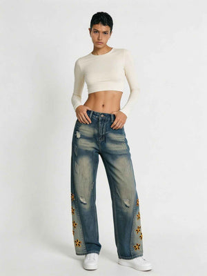 Retro Distressed Womens Denim Jeans Blue