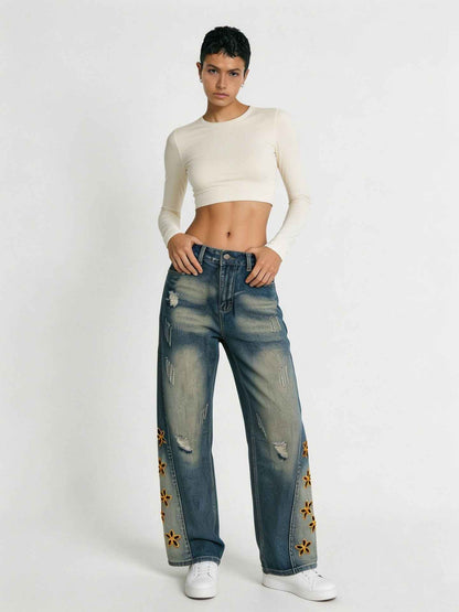 Retro Distressed Womens Denim Jeans Blue