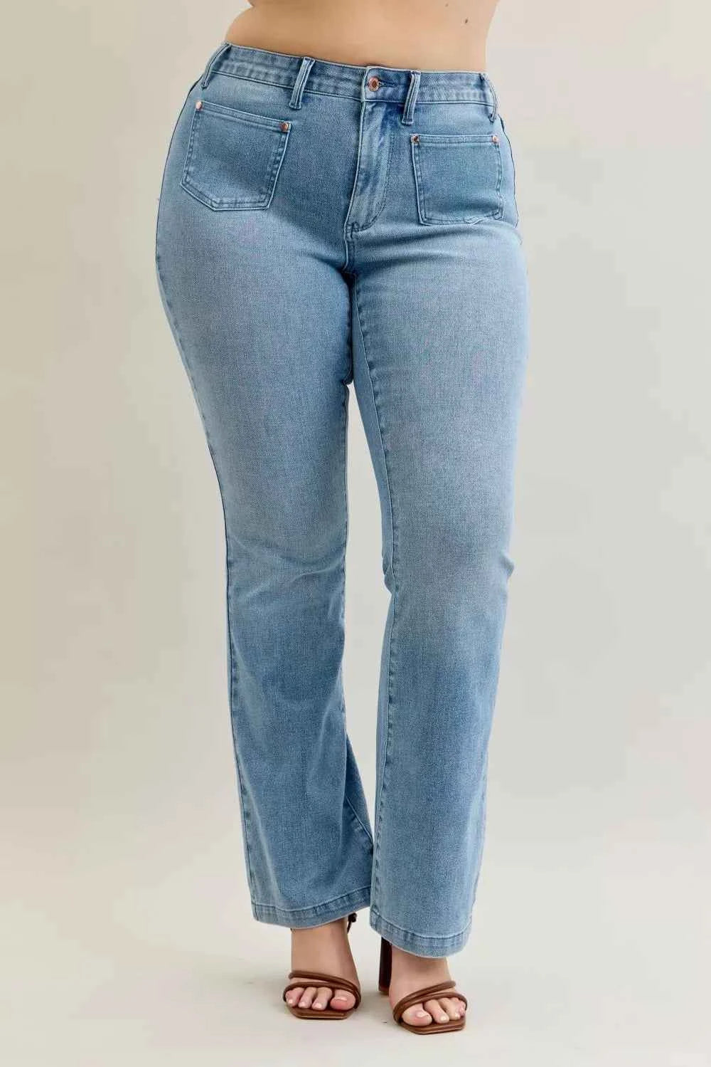 Judy Blue Full Size Mid Rise Bootcut Jeans with Contrast Wash & Front Patch Pockets For Women Trendsi