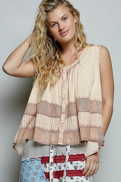 Button Down Round Neck Tank with Crochet Contrast