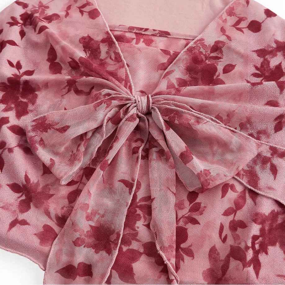 V-neck Lace Up Printed Long Sleeve Slim Women Top MuddyStock