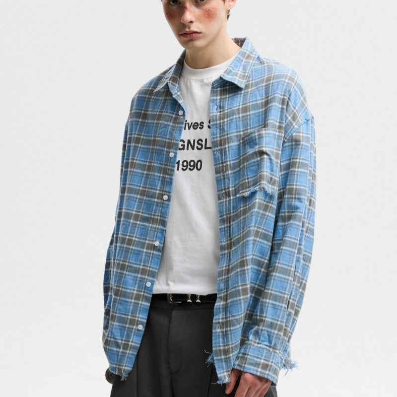 American-style Plaid Shirt With Raw Edges For Men null