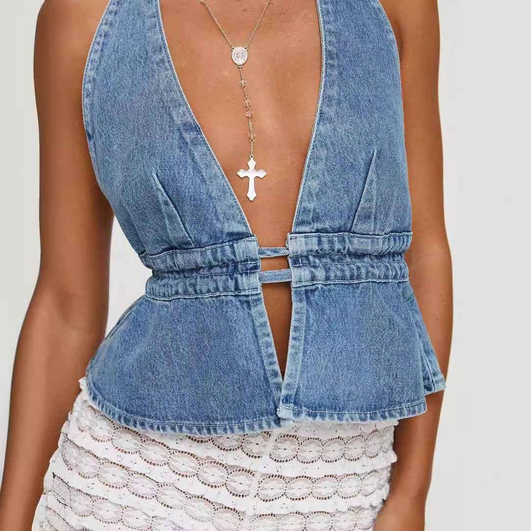 Washed Denim Exposed Back Halter Lace-up Top MuddyStock