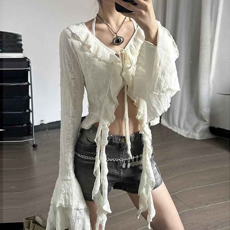 Ruffled V-neck Cropped Top For Women