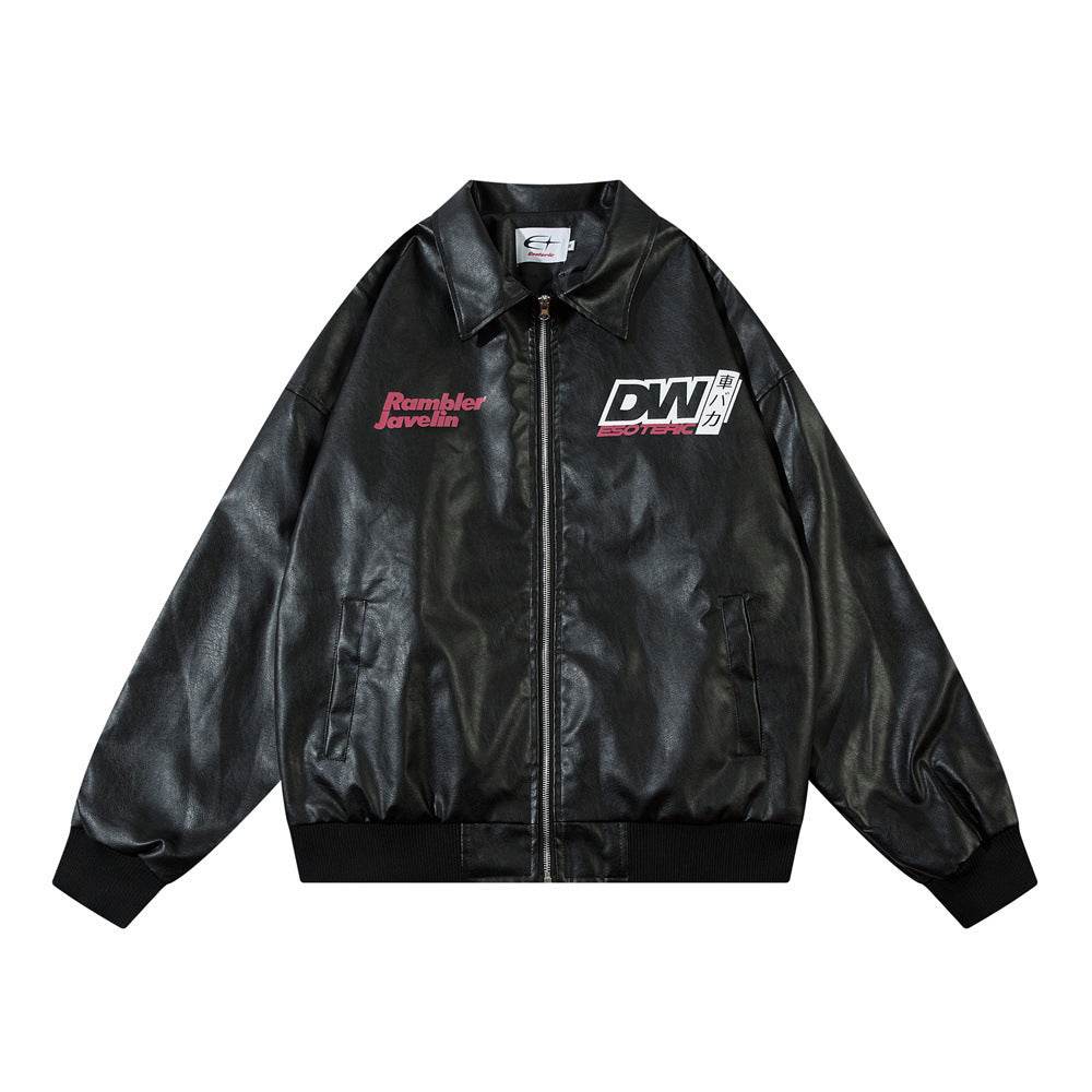 Retro Car Printing Loose Lapels Leather Coat For Both Men And Women Black MuddyStock